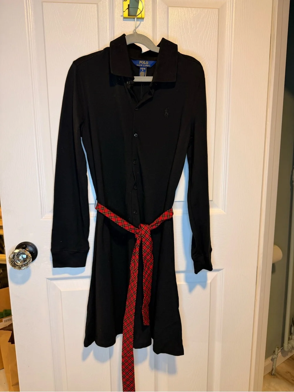 Ralph Lauren Black Long-Sleeve Polo Dress with Red Waist Tie NWT Size 12/14